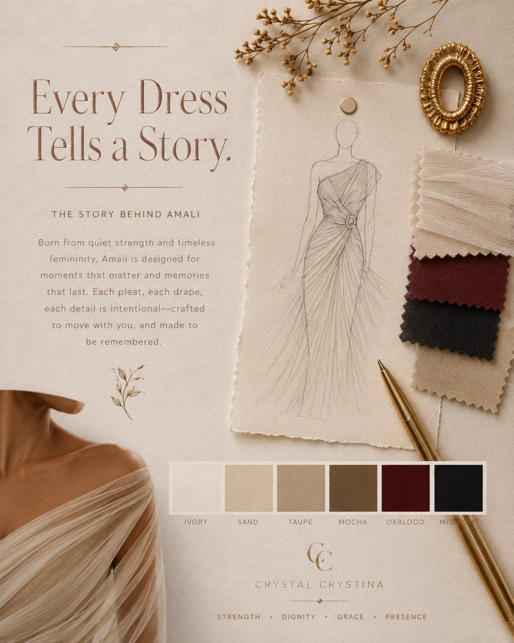 Amali creative inspiration board with a dress sketch, swatches and signature hardware