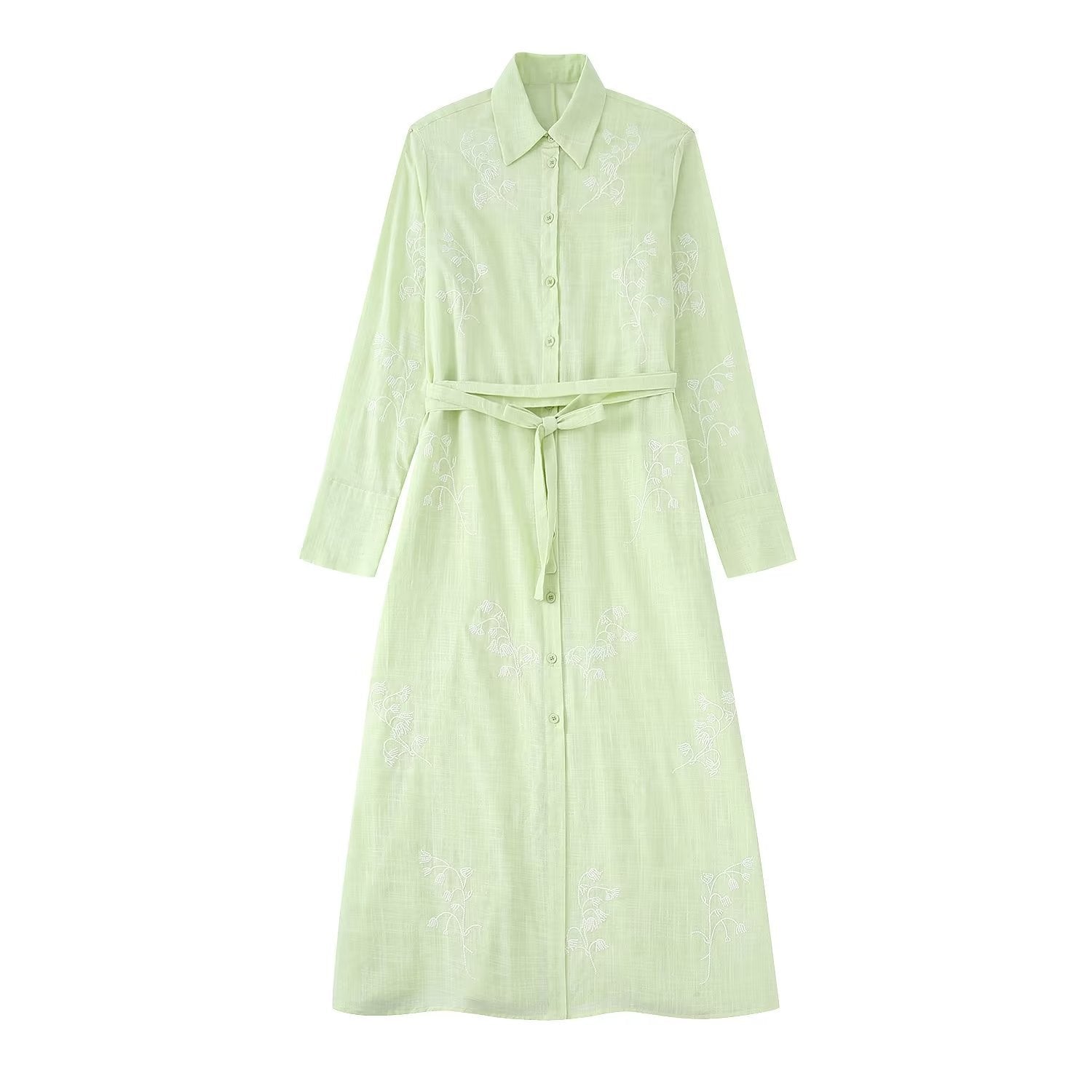 Autumn New Elegant Style Lapel Belt Single-Breasted Shirt Dress Women