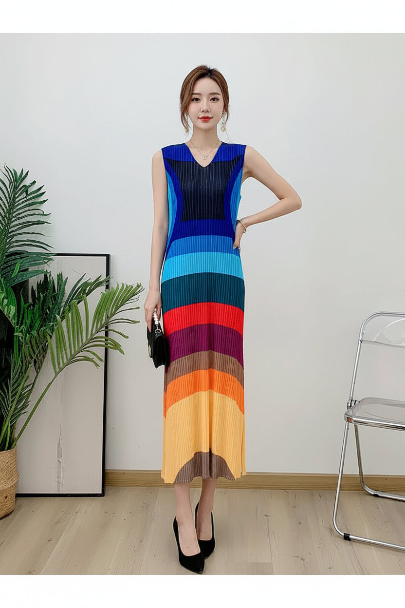 CurveKind™ Color Block Pleated Slim-Fit Long Vest Dress by Crystal Crystina, primary view