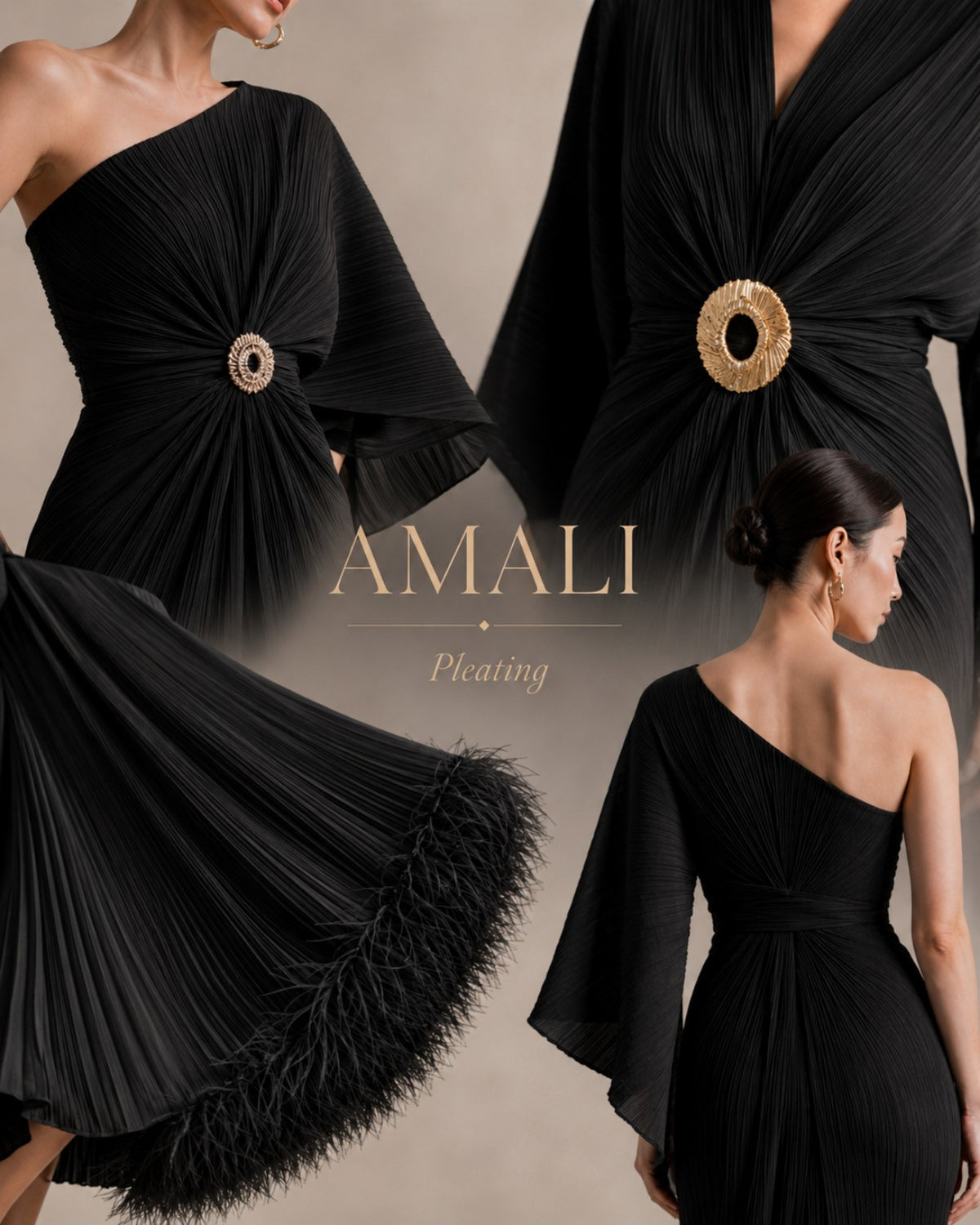 Amali pleating design preview with waist ornaments, feather trim and a one-shoulder back view
