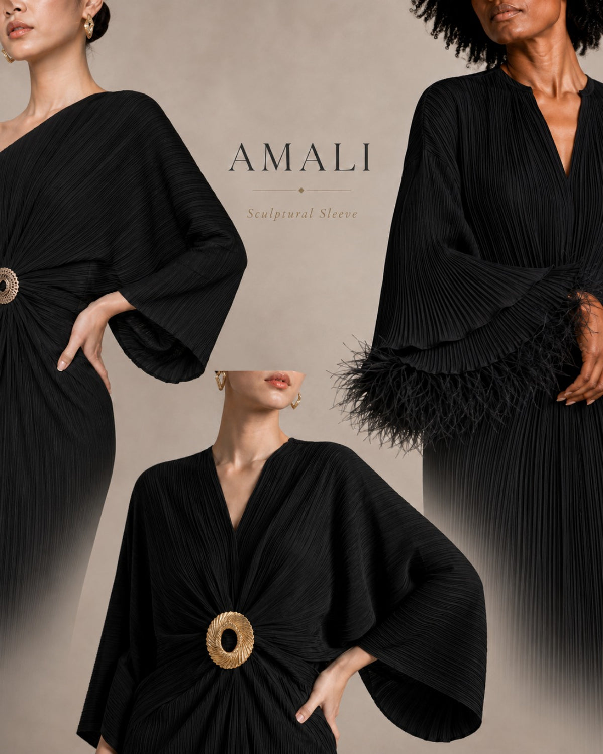 Amali design preview showing one-shoulder pleating, sculptural sleeves and feather-trimmed cuffs