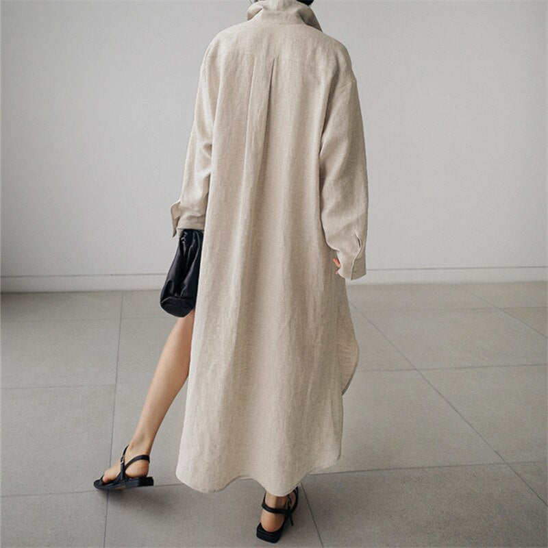 Summer Casual  Long Sleeve Shirt Dress Women Irregular Cardigan Turn-down Collar Elegant Long Dresses