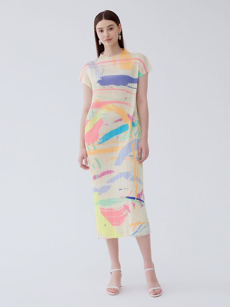 Half high collar versatile pleated slim fit short sleeved mid length skirt printed dress for women