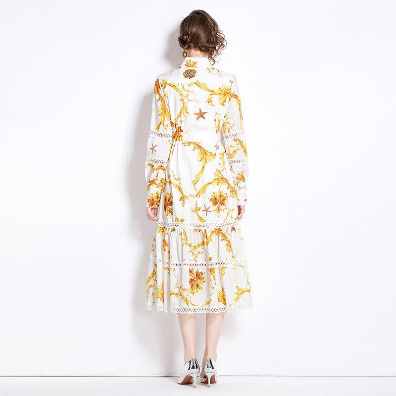 Fashionable Bohemian stand up collar lantern sleeves with waistband design, long printed dress