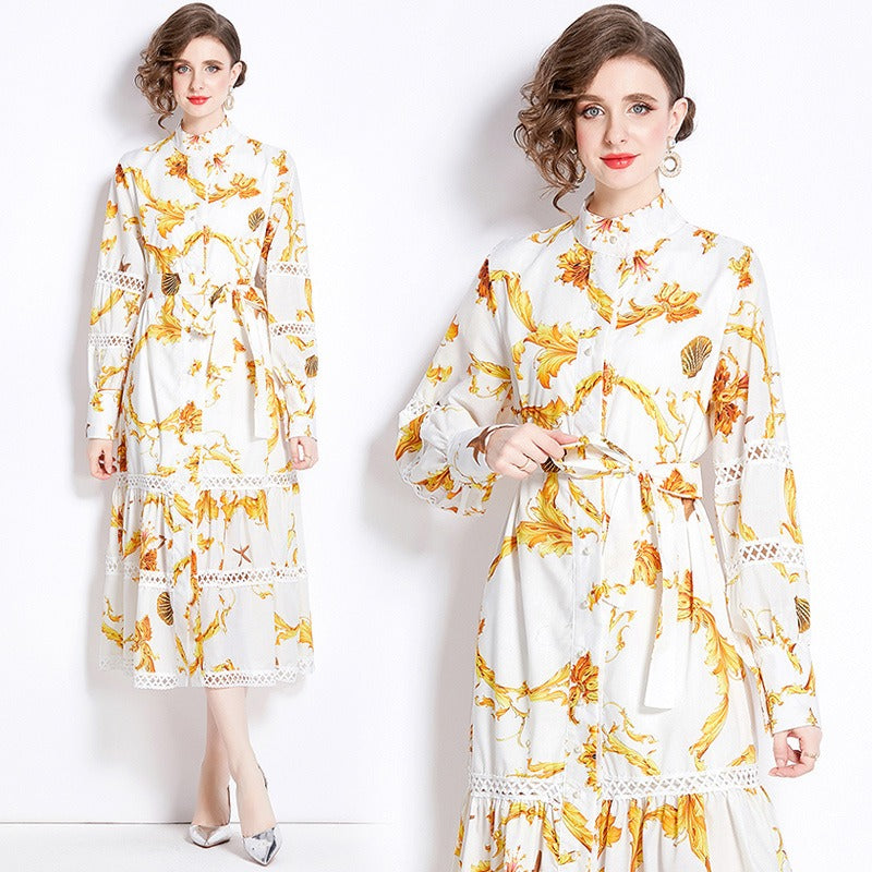 Fashionable Bohemian stand up collar lantern sleeves with waistband design, long printed dress