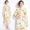 Fashionable Bohemian stand up collar lantern sleeves with waistband design, long printed dress