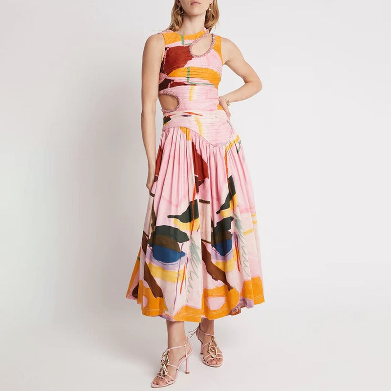 Bright Sleeveless Hollow Print Dress by Crystal Crystina, alternate view 10