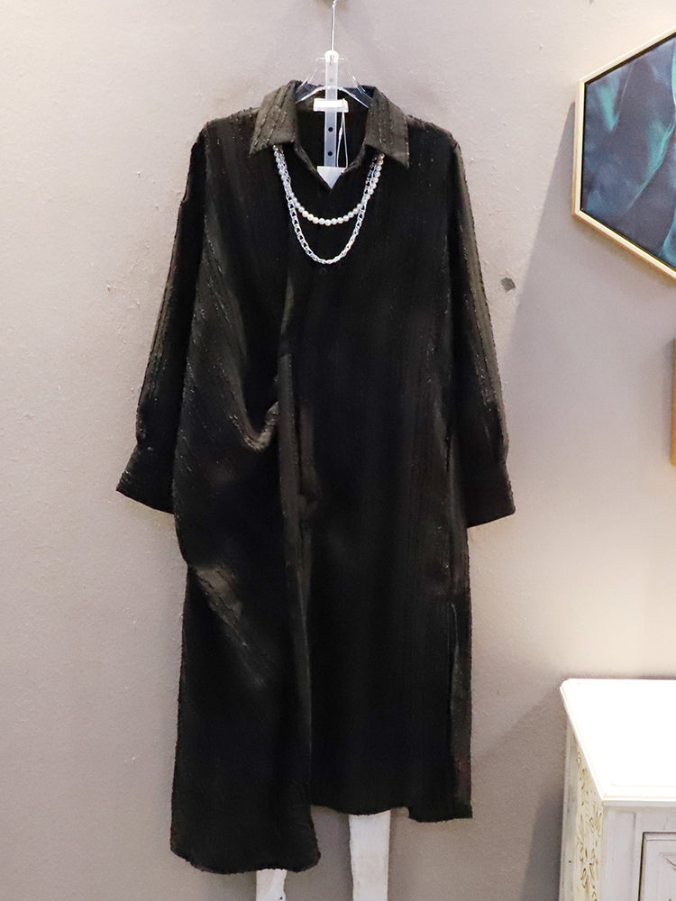 Lapel Fashion Mid-Length Pleated Shirt Skirt Autumn New Simple Loose Large Size Dress Women