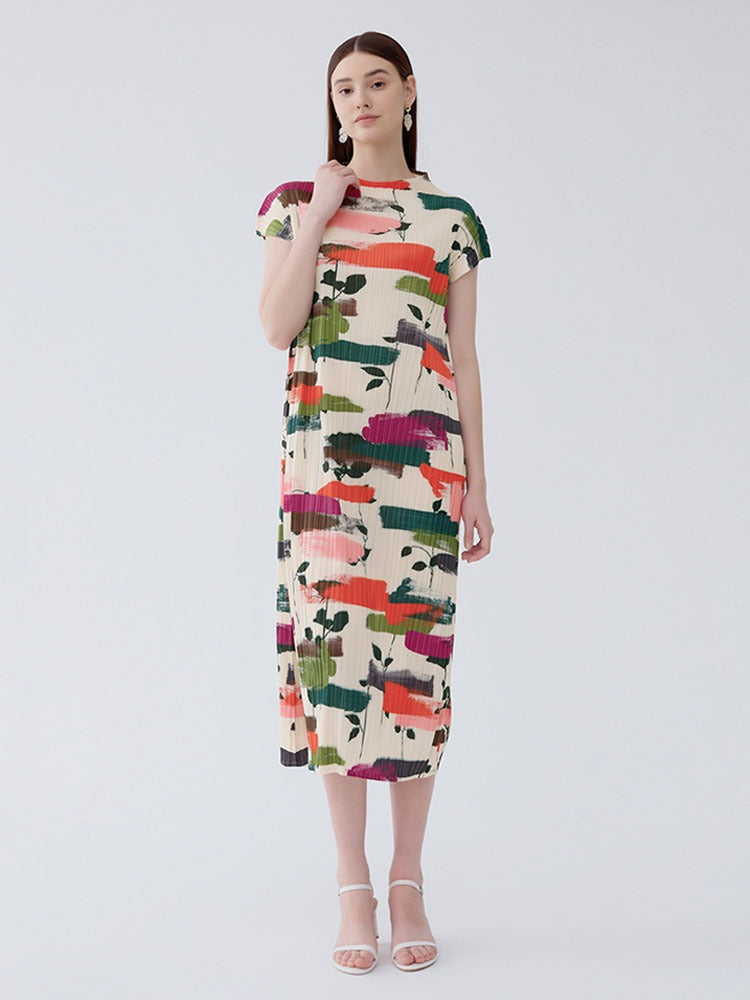 short sleeved half high necked dress women's printed pleated straight tube skirt