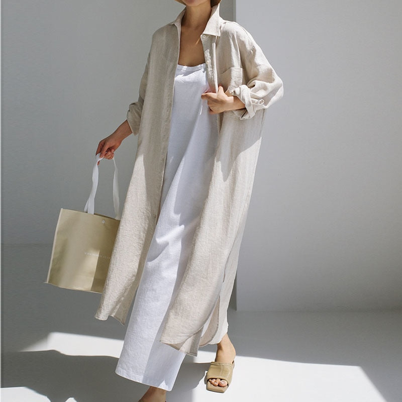 Summer Casual  Long Sleeve Shirt Dress Women Irregular Cardigan Turn-down Collar Elegant Long Dresses