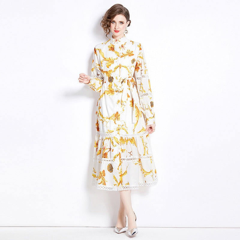 Fashionable Bohemian stand up collar lantern sleeves with waistband design, long printed dress
