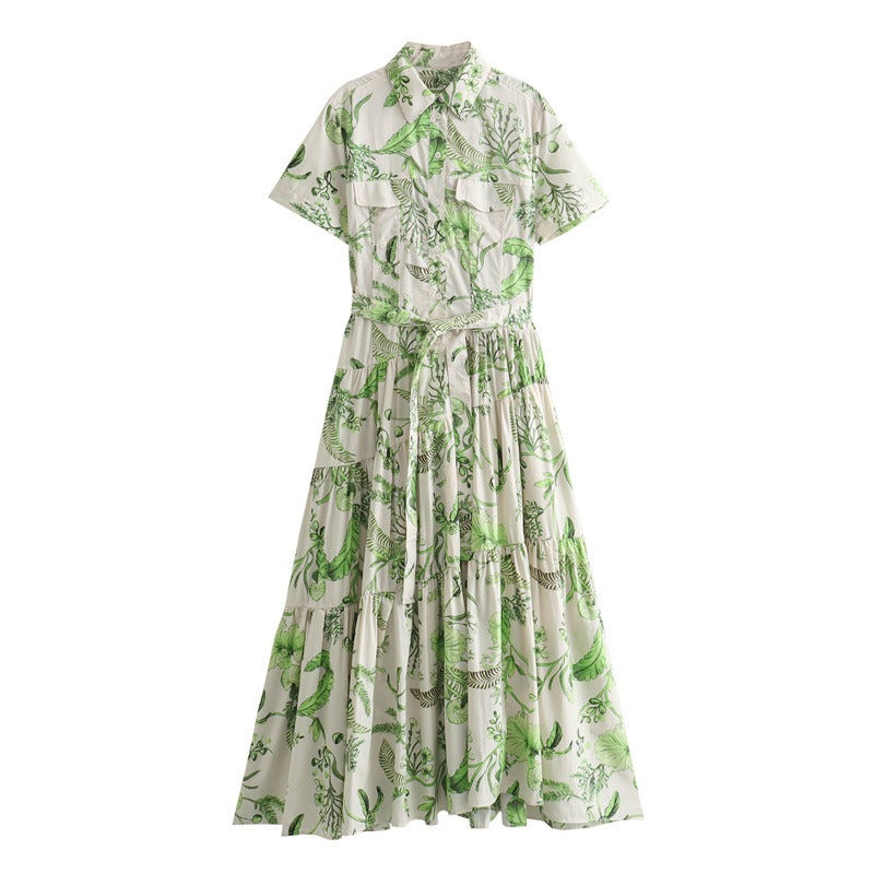 European and American shirt collar short-sleeved printed strap mid-length dress for women