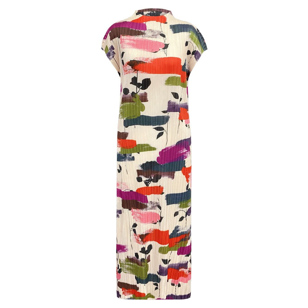 short sleeved half high necked dress women's printed pleated straight tube skirt