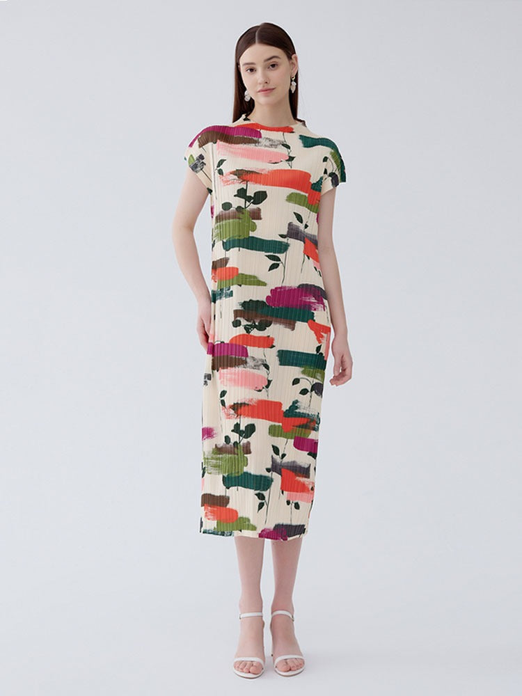 short sleeved half high necked dress women's printed pleated straight tube skirt