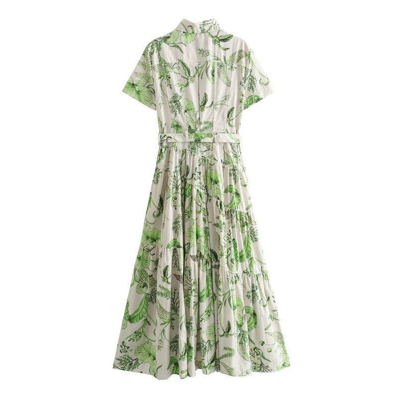 European and American shirt collar short-sleeved printed strap mid-length dress for women
