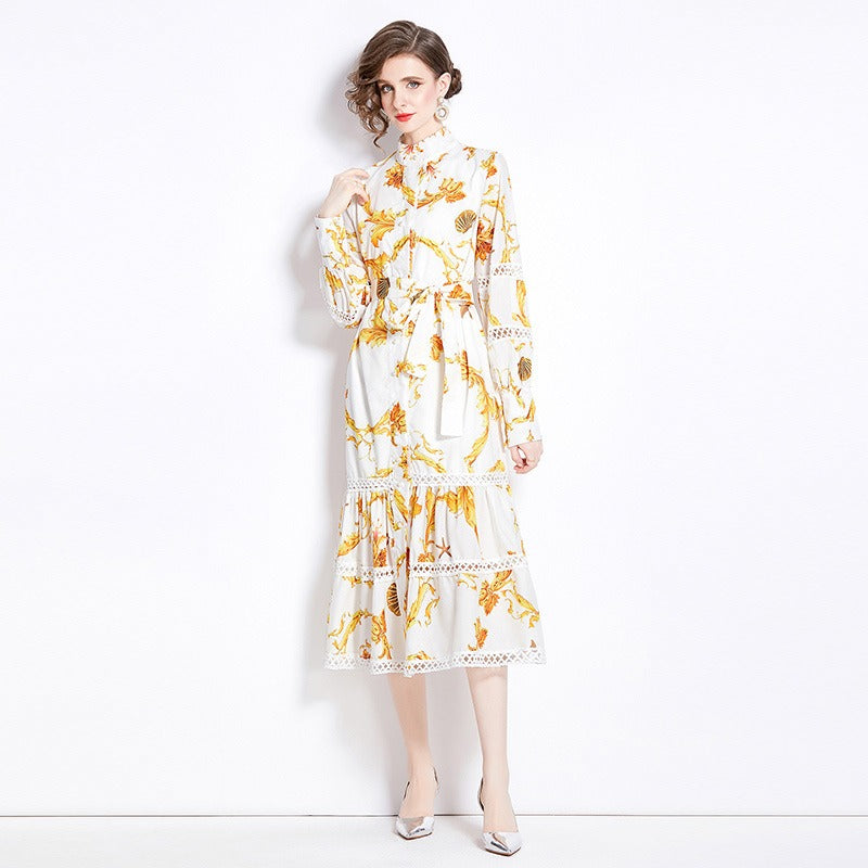 Fashionable Bohemian stand up collar lantern sleeves with waistband design, long printed dress