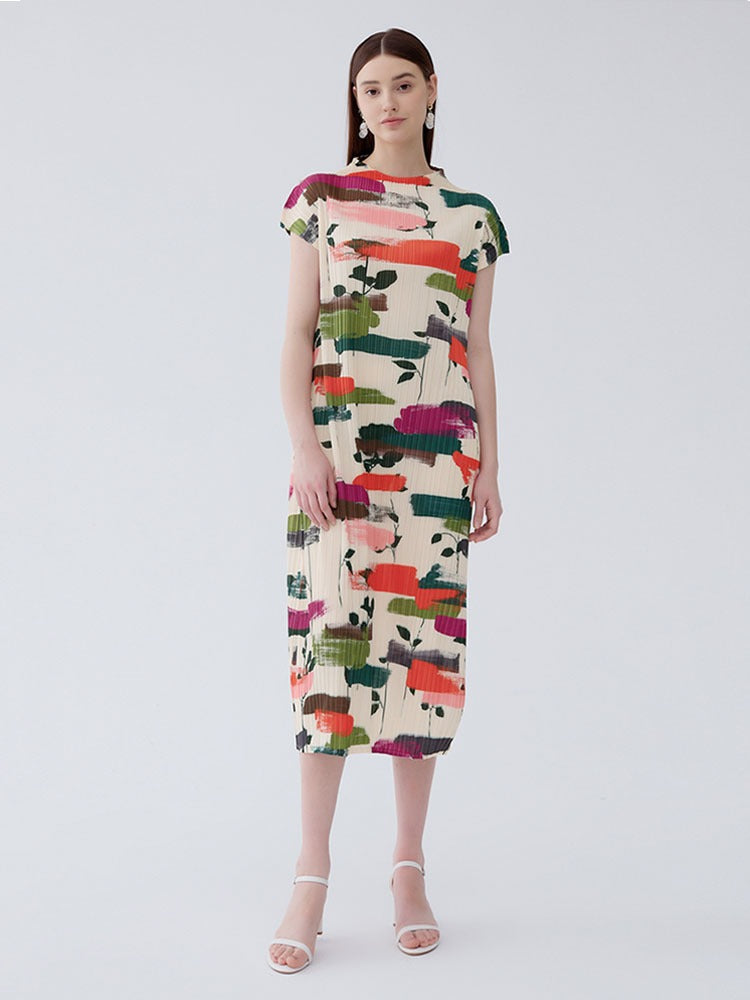 short sleeved half high necked dress women's printed pleated straight tube skirt