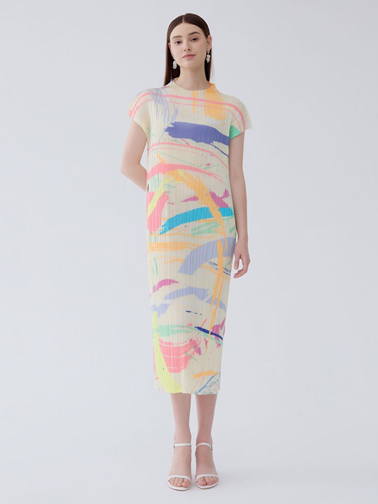 Half high collar versatile pleated slim fit short sleeved mid length skirt printed dress for women