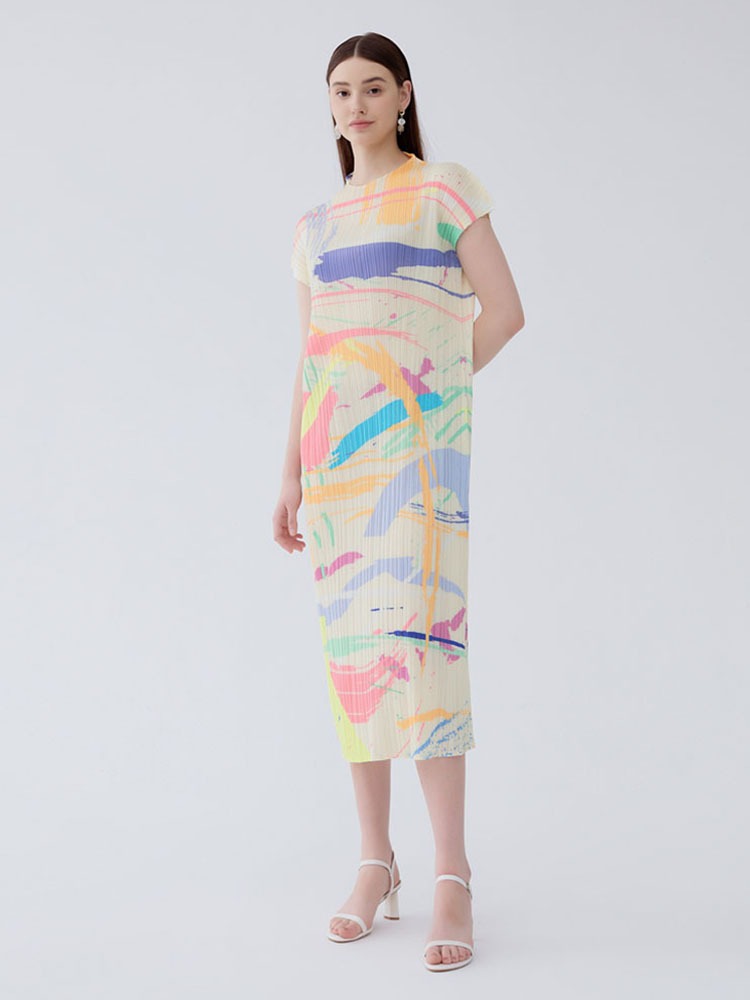 Half high collar versatile pleated slim fit short sleeved mid length skirt printed dress for women