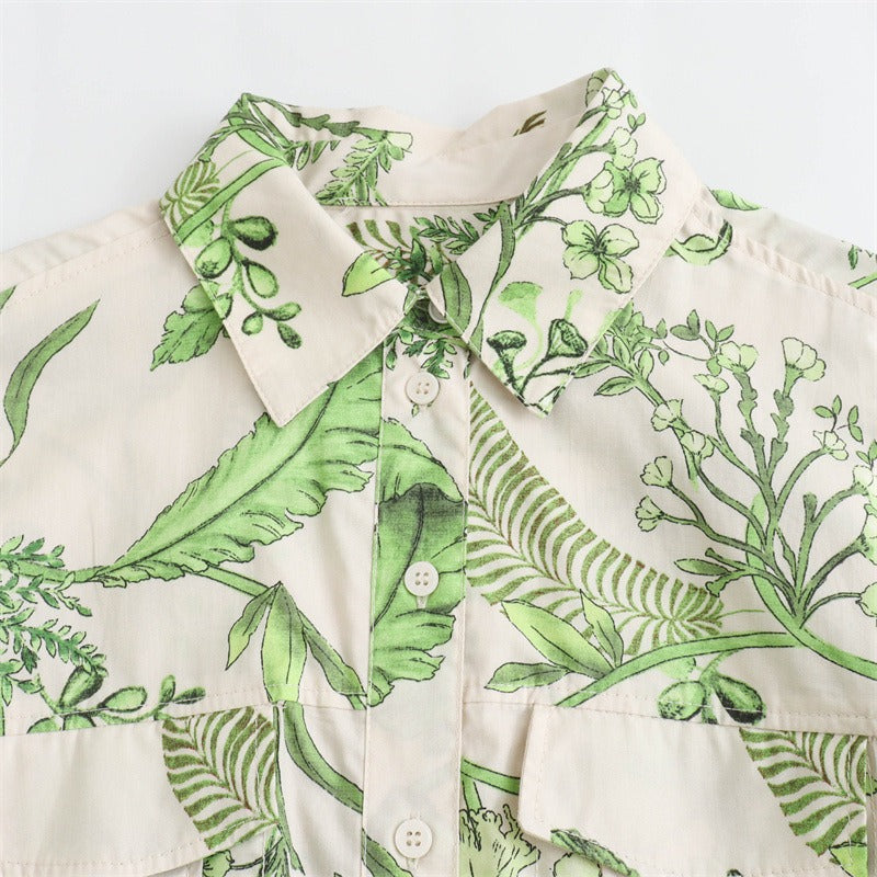 European and American shirt collar short-sleeved printed strap mid-length dress for women