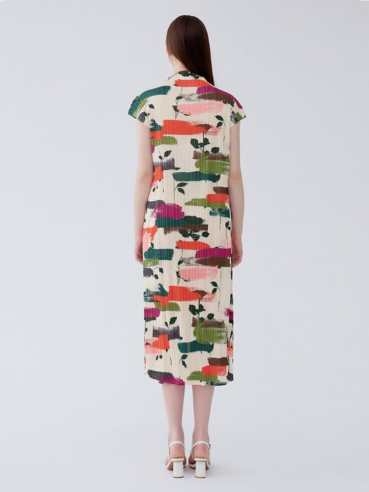 short sleeved half high necked dress women's printed pleated straight tube skirt