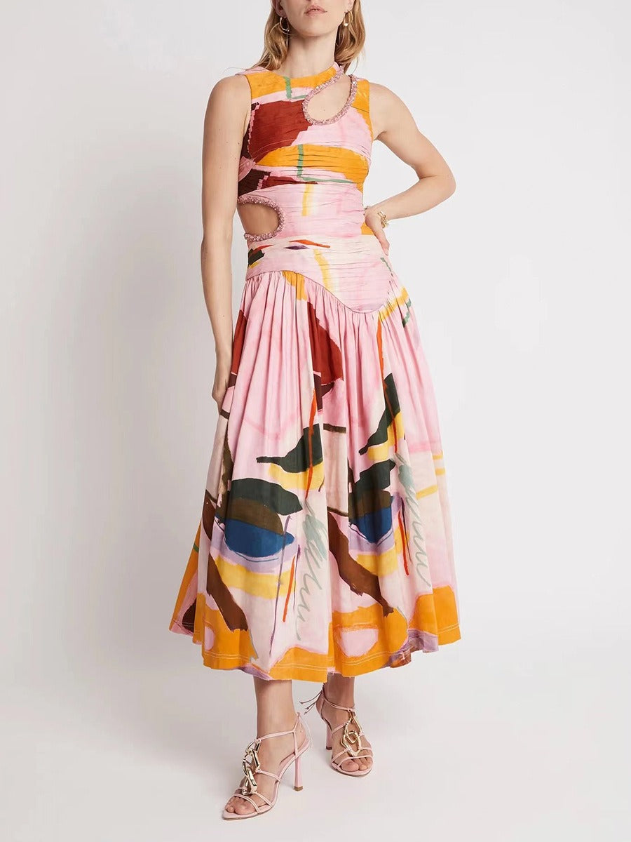 Bright Sleeveless Hollow Print Dress by Crystal Crystina, alternate view 7