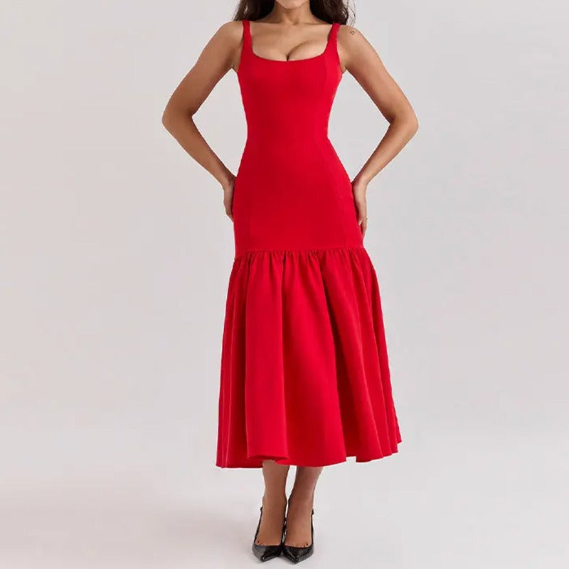 Square Neckline Sleeveless Ruffled Edge Suspender Dress for Women