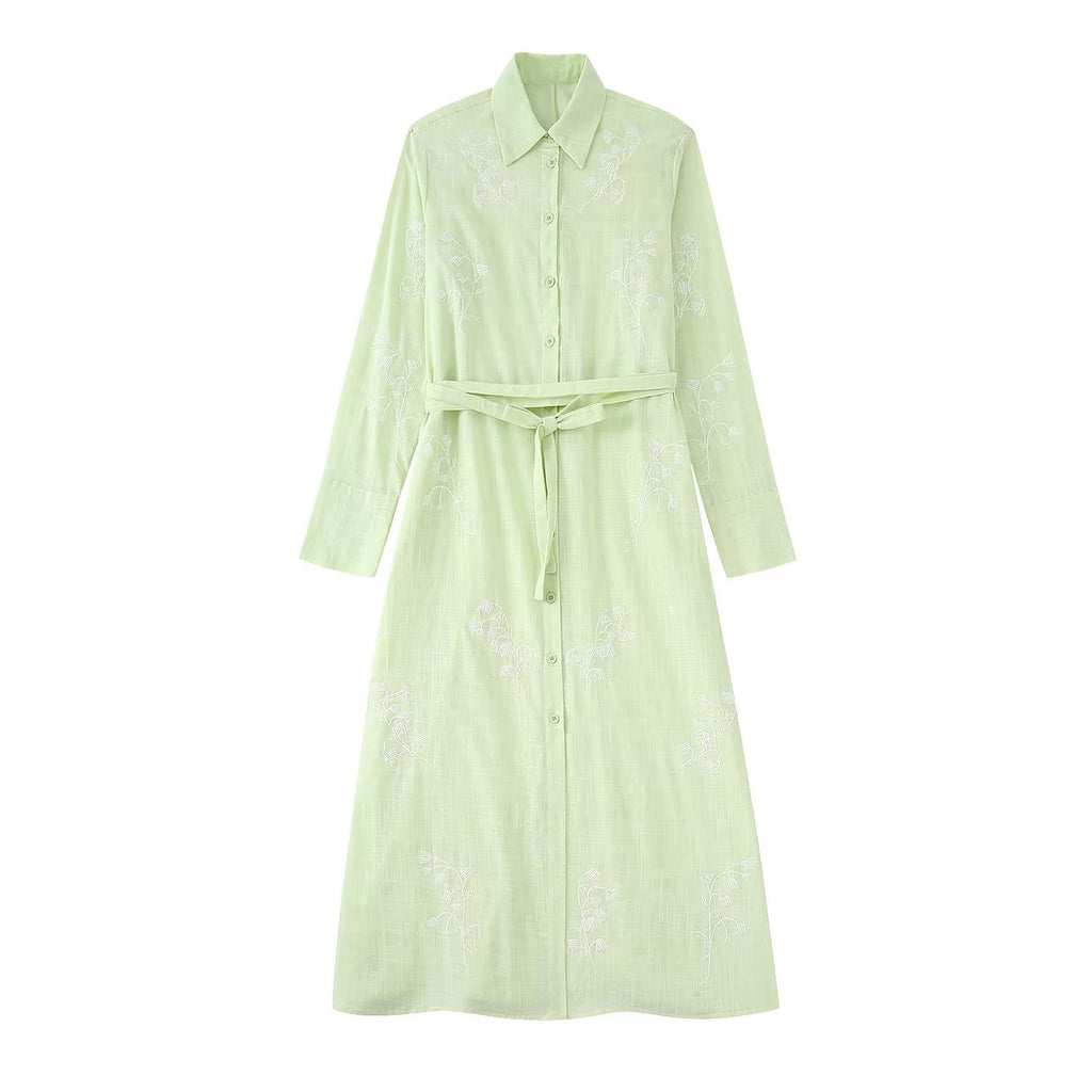 Autumn New Elegant Style Lapel Belt Single-Breasted Shirt Dress Women
