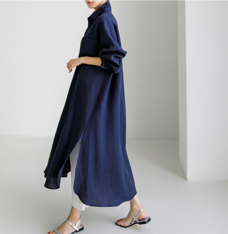 Summer Casual  Long Sleeve Shirt Dress Women Irregular Cardigan Turn-down Collar Elegant Long Dresses