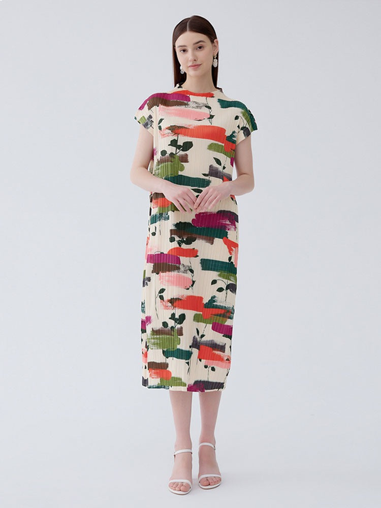 short sleeved half high necked dress women's printed pleated straight tube skirt