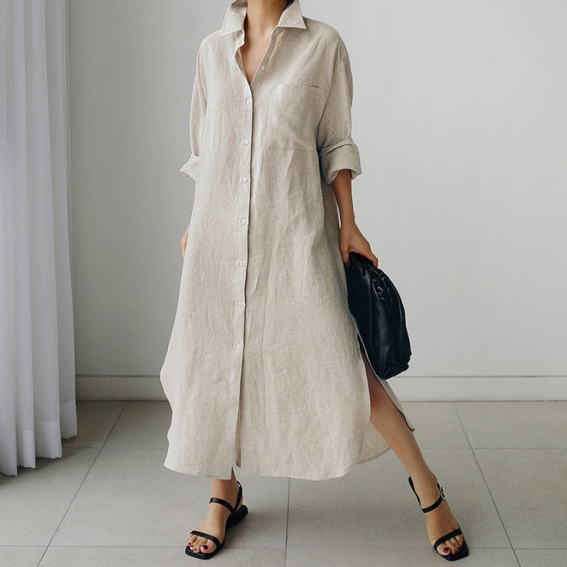 Summer Casual  Long Sleeve Shirt Dress Women Irregular Cardigan Turn-down Collar Elegant Long Dresses