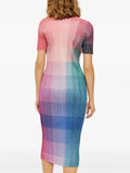 Multicolored checkered dress worn by a model on a white background