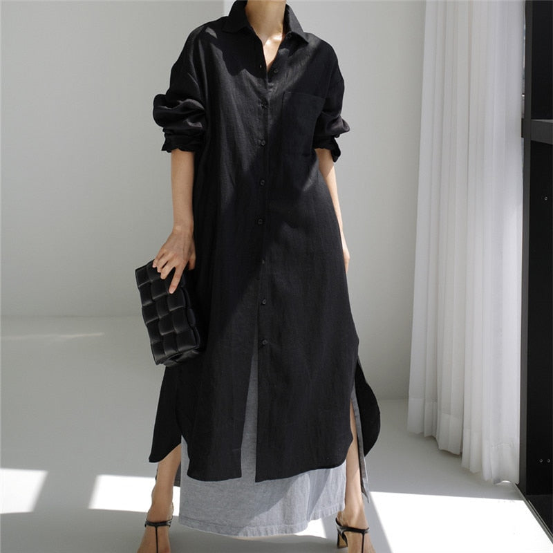Summer Casual  Long Sleeve Shirt Dress Women Irregular Cardigan Turn-down Collar Elegant Long Dresses