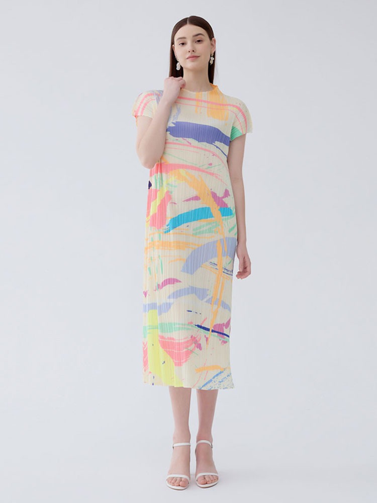 Half high collar versatile pleated slim fit short sleeved mid length skirt printed dress for women