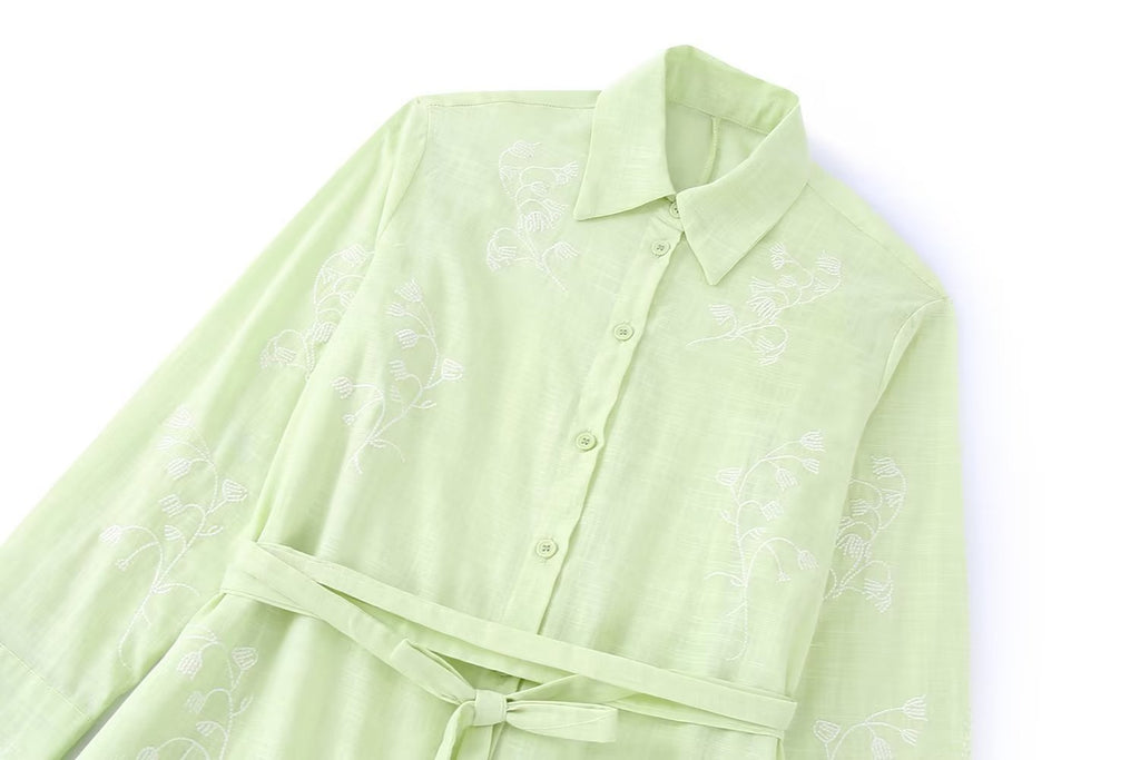 Autumn New Elegant Style Lapel Belt Single-Breasted Shirt Dress Women