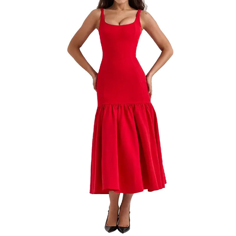 Square Neckline Sleeveless Ruffled Edge Suspender Dress for Women