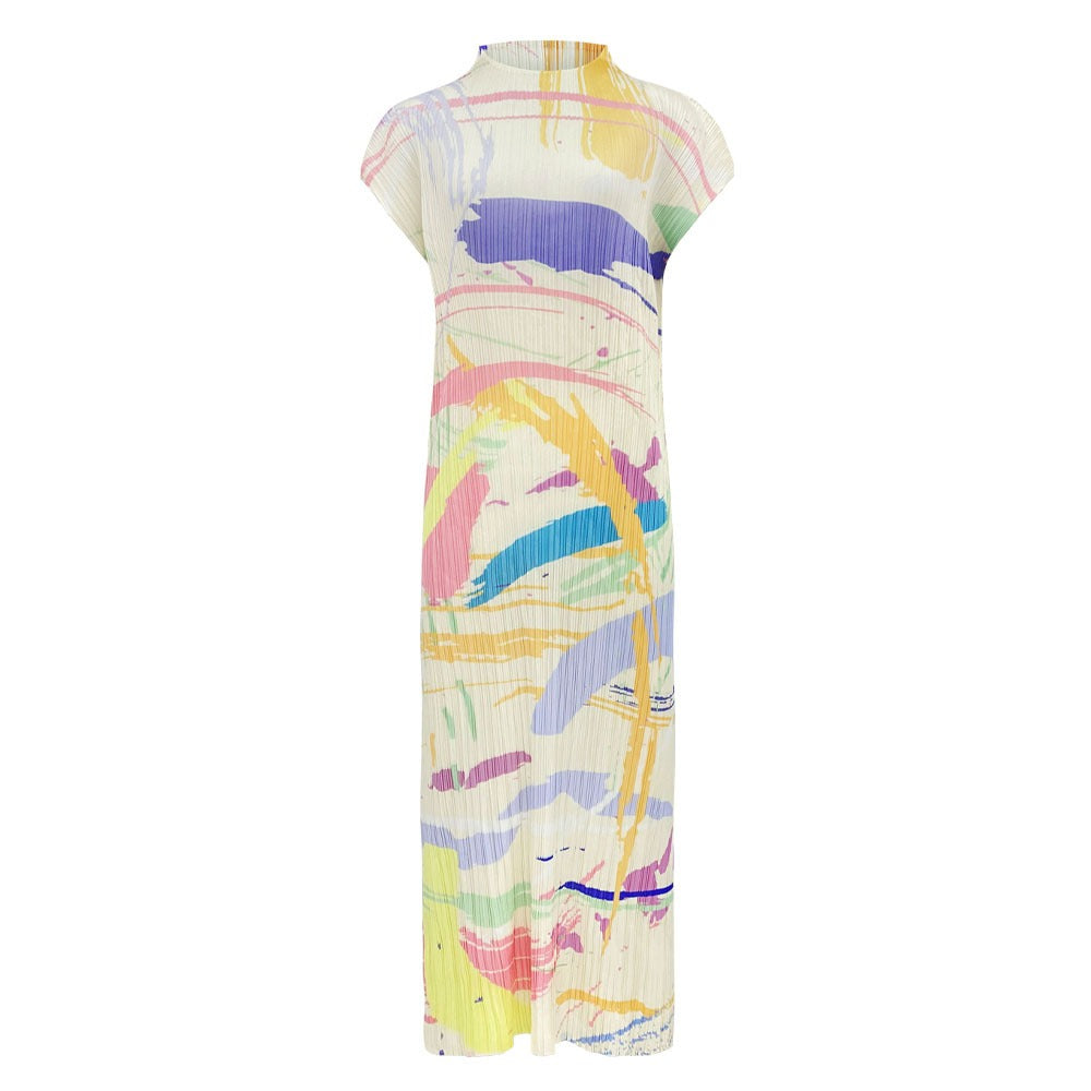 Half high collar versatile pleated slim fit short sleeved mid length skirt printed dress for women