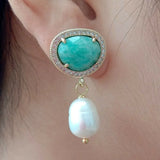 White Rice Pearl Green Amazonite Cz Pave Stud Earrings