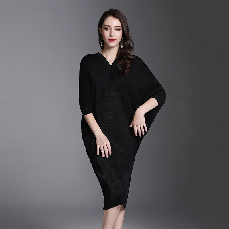 CurveKind™ Solid Pleated Batwing Mid-Calf Dress