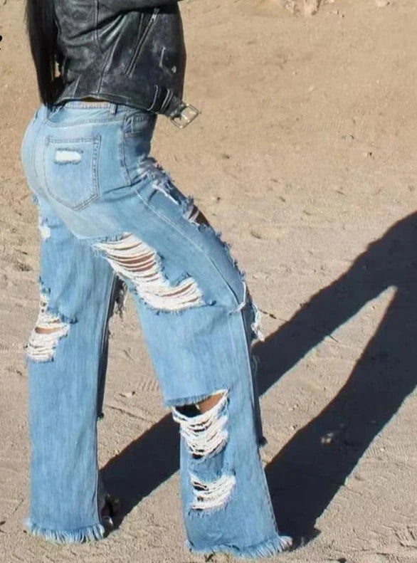 Wide Leg Ripped Denim Jeans by Crystal Crystina, alternate view 4