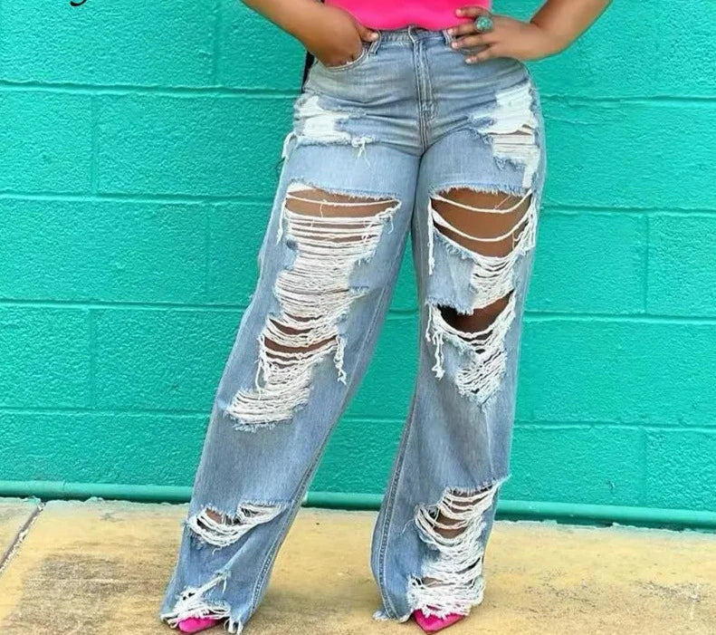 Wide Leg Ripped Denim Jeans by Crystal Crystina, primary view