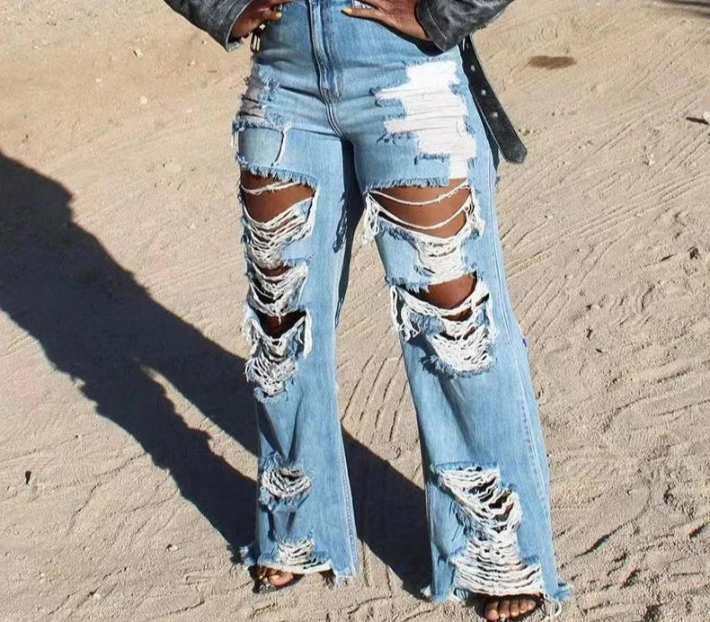 Wide Leg Ripped Denim Jeans by Crystal Crystina, alternate view 3