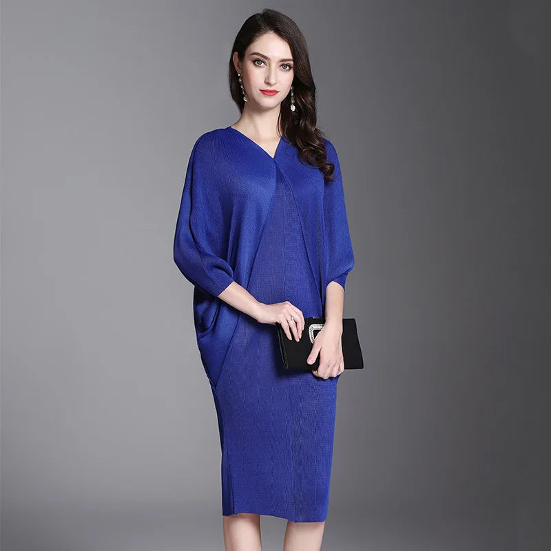 CurveKind™ Solid Pleated Batwing Mid-Calf Dress