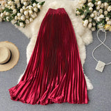 Pleated Satin High Waist Long Skirt