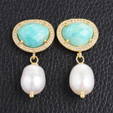 White Rice Pearl Green Amazonite Cz Pave Stud Earrings