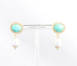 White Rice Pearl Green Amazonite Cz Pave Stud Earrings