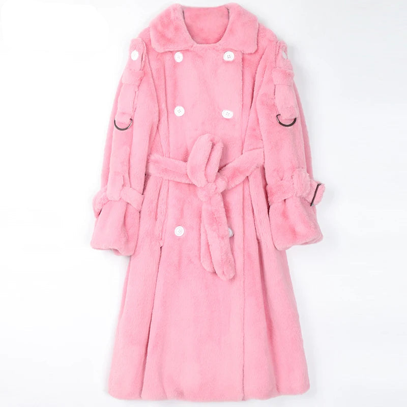Long Warm Fluffy Faux Fur Trench Coat