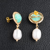 White Rice Pearl Green Amazonite Cz Pave Stud Earrings