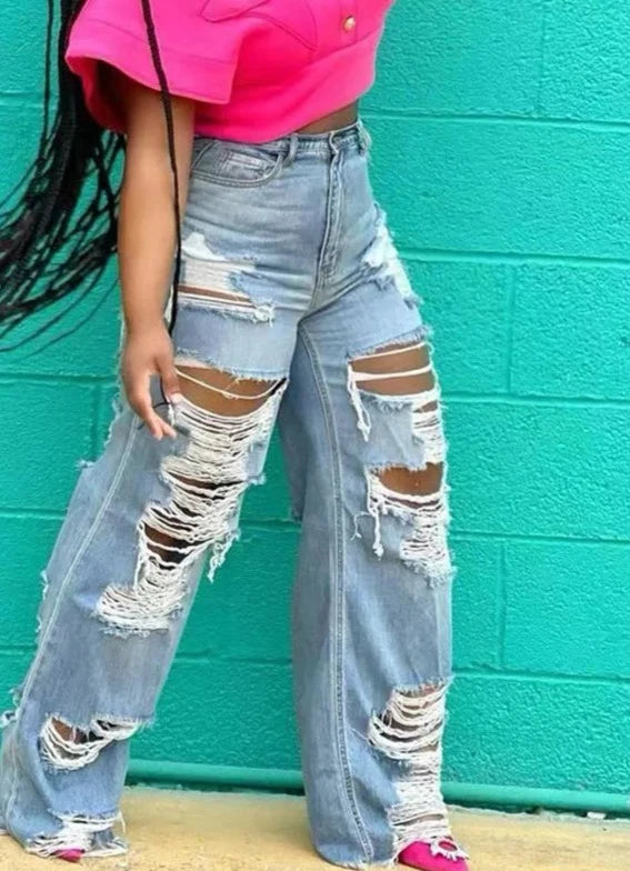 Wide Leg Ripped Denim Jeans by Crystal Crystina, alternate view 2