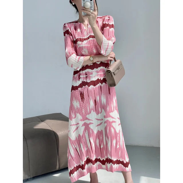 Miyake Pleated Abstract Painting Printed Evening Dresses for Women V- Collar Short Sleeve Elegant Long Robe Party Dress 2023